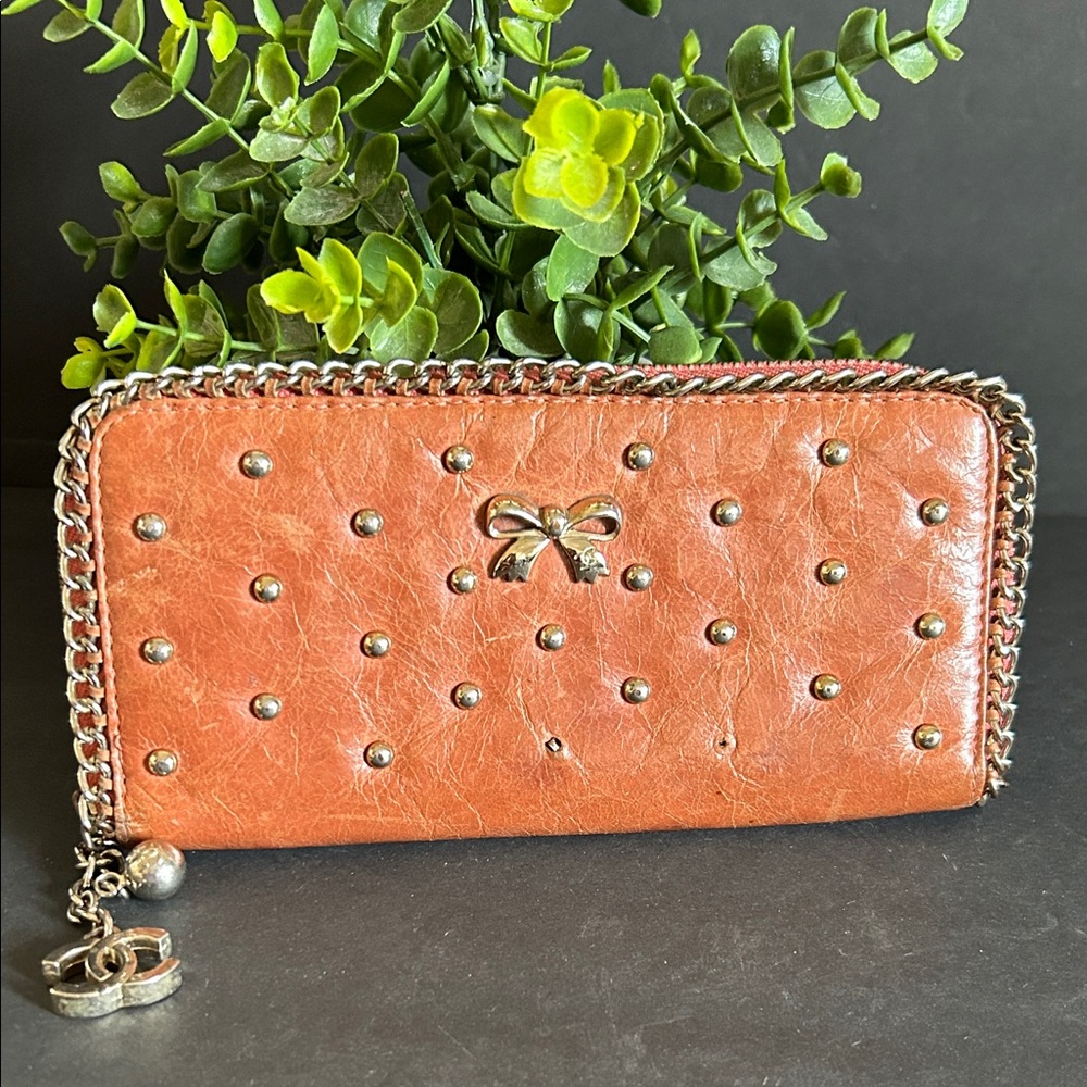 Studded Brown Leather Wallet with Chain Accent